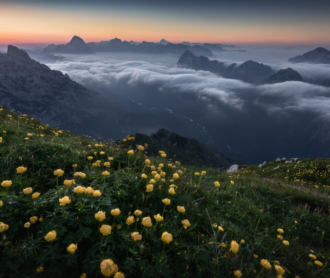 Il crepuscolo mattutino risveglia un paesaggio alpino ancora immerso nelle nuvole. Alpi Giulie, Italia.