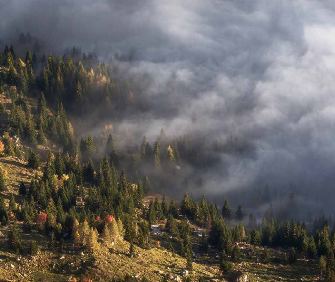 Una piovra silenziosa e immateriale. Le tenebre si impossessano del paesaggio. Il Sole nulla può fare per impedirlo. Alpi Giulie, Italia.