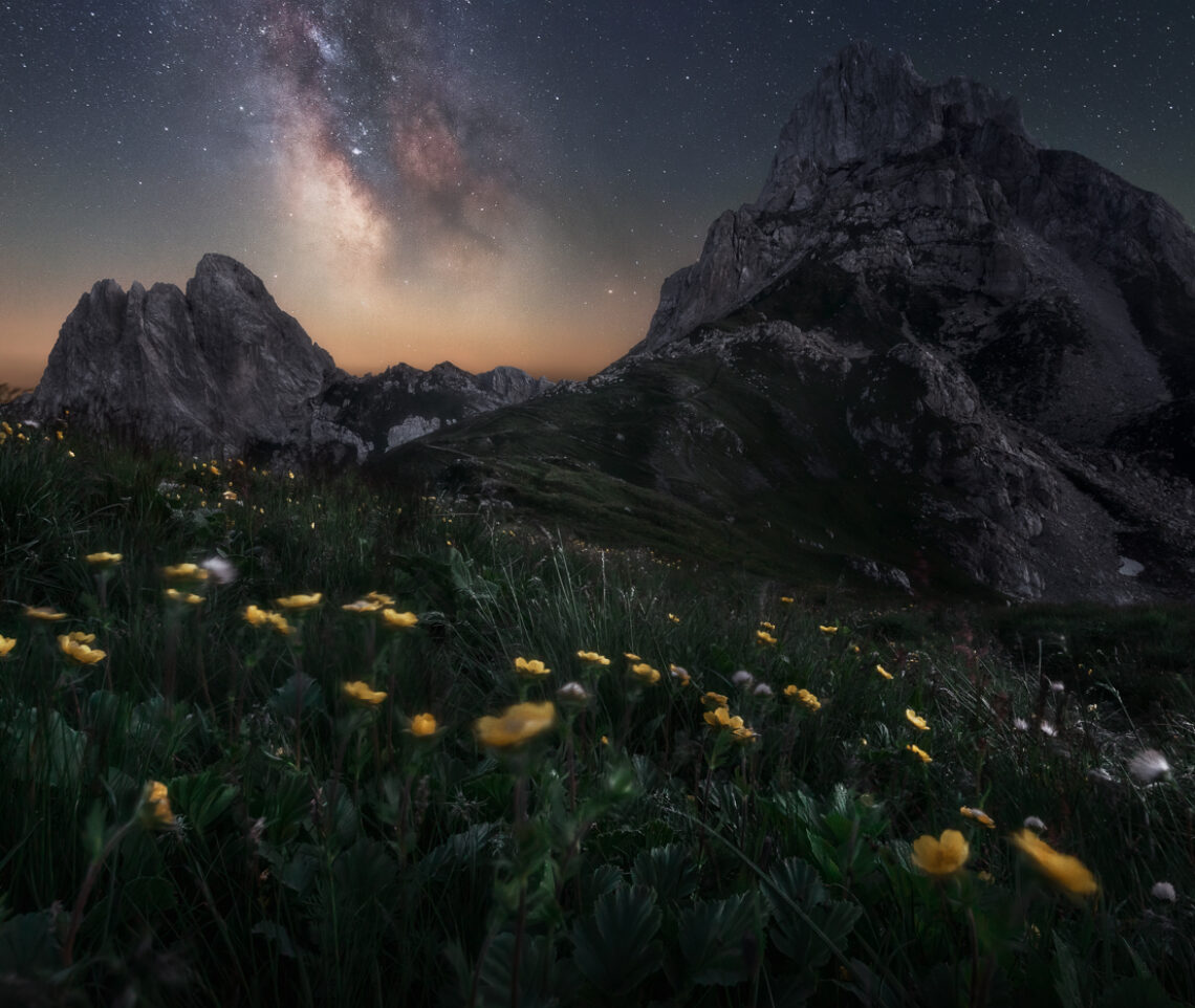 Il vento notturno accarezza i prati fioriti delle alte valli della Carnia. Nel cielo si intravede l’infinito. Alpi Carniche, Italia.